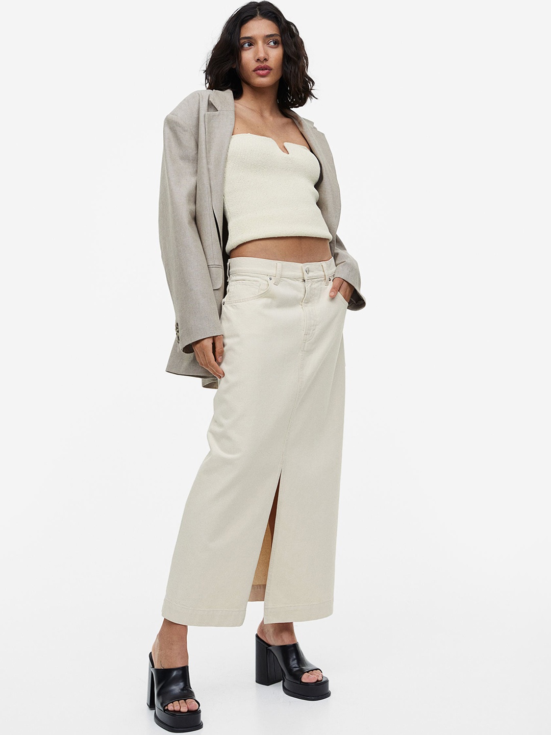 

H&M Slit-Hem Denim Skirt, White