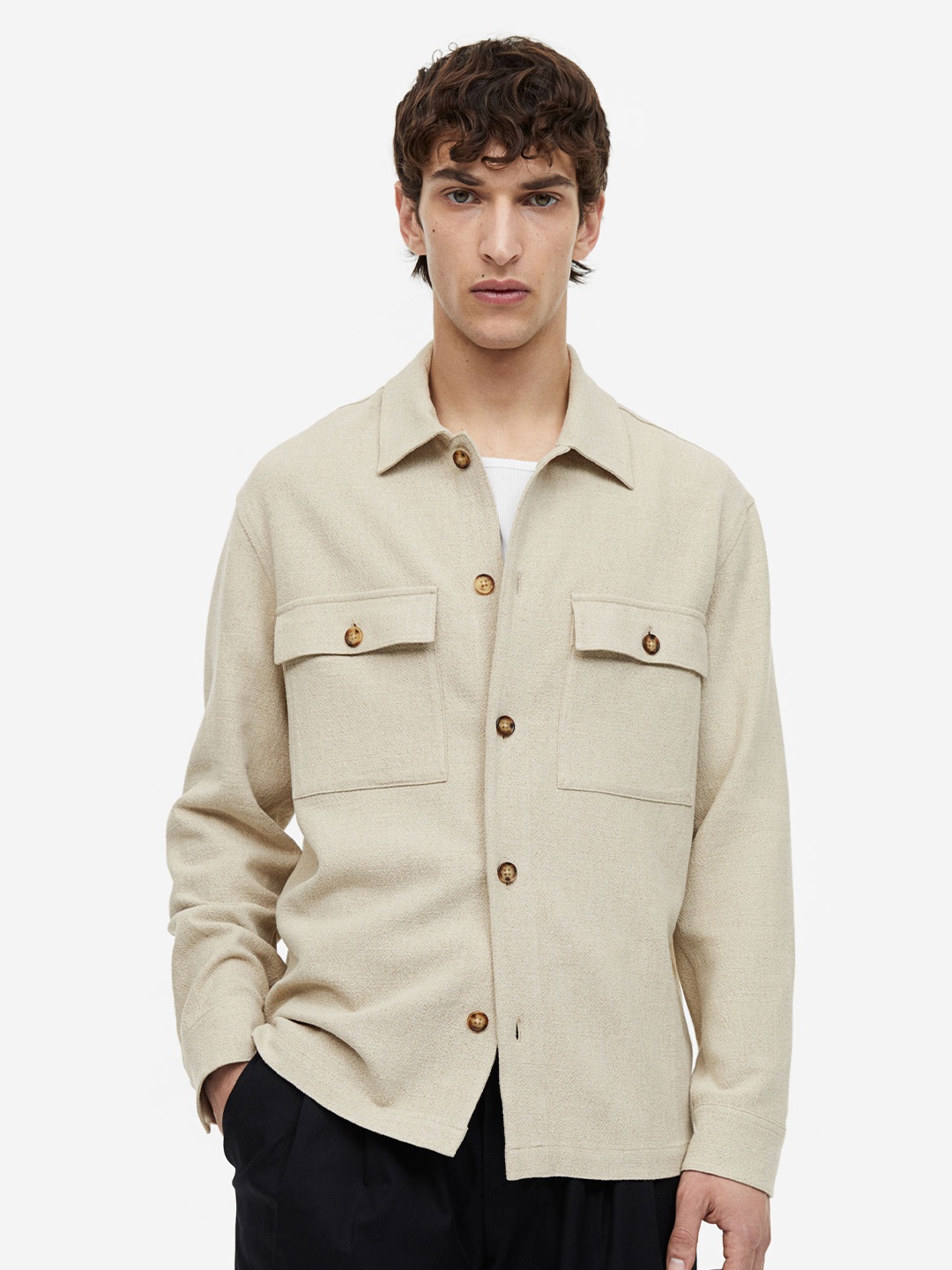 

H&M Men Regular Fit Linen-Blend Overshirt, Beige