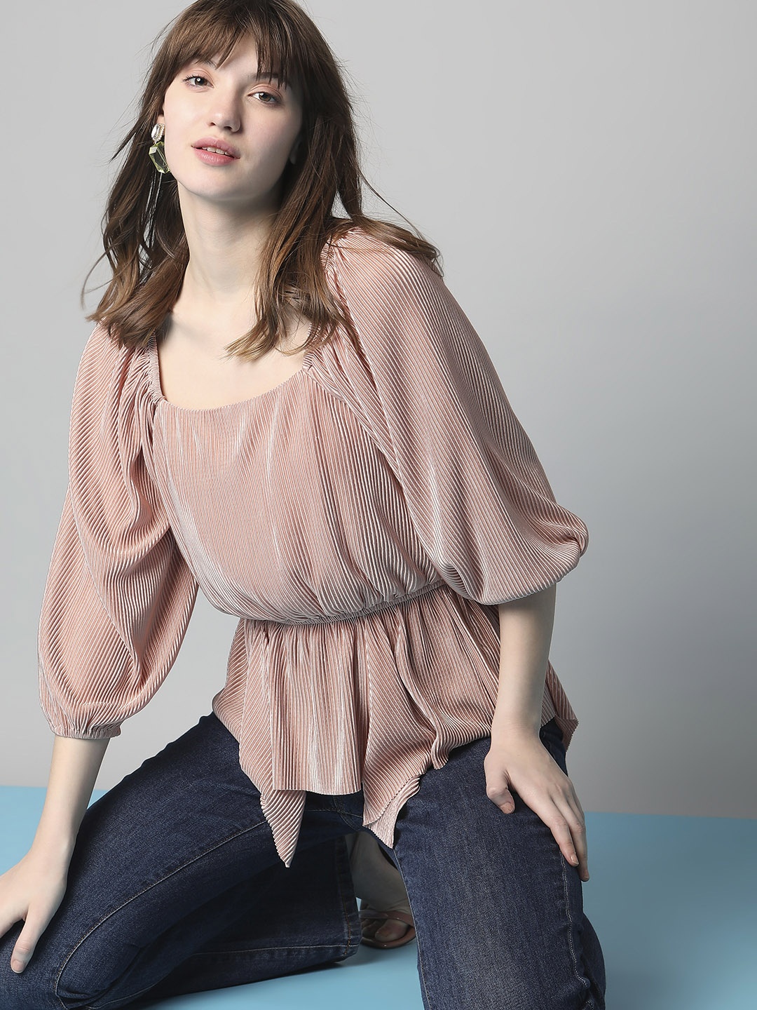 

Vero Moda Self Design Square Neck Puff Sleeves Cinched Waist Top, Peach