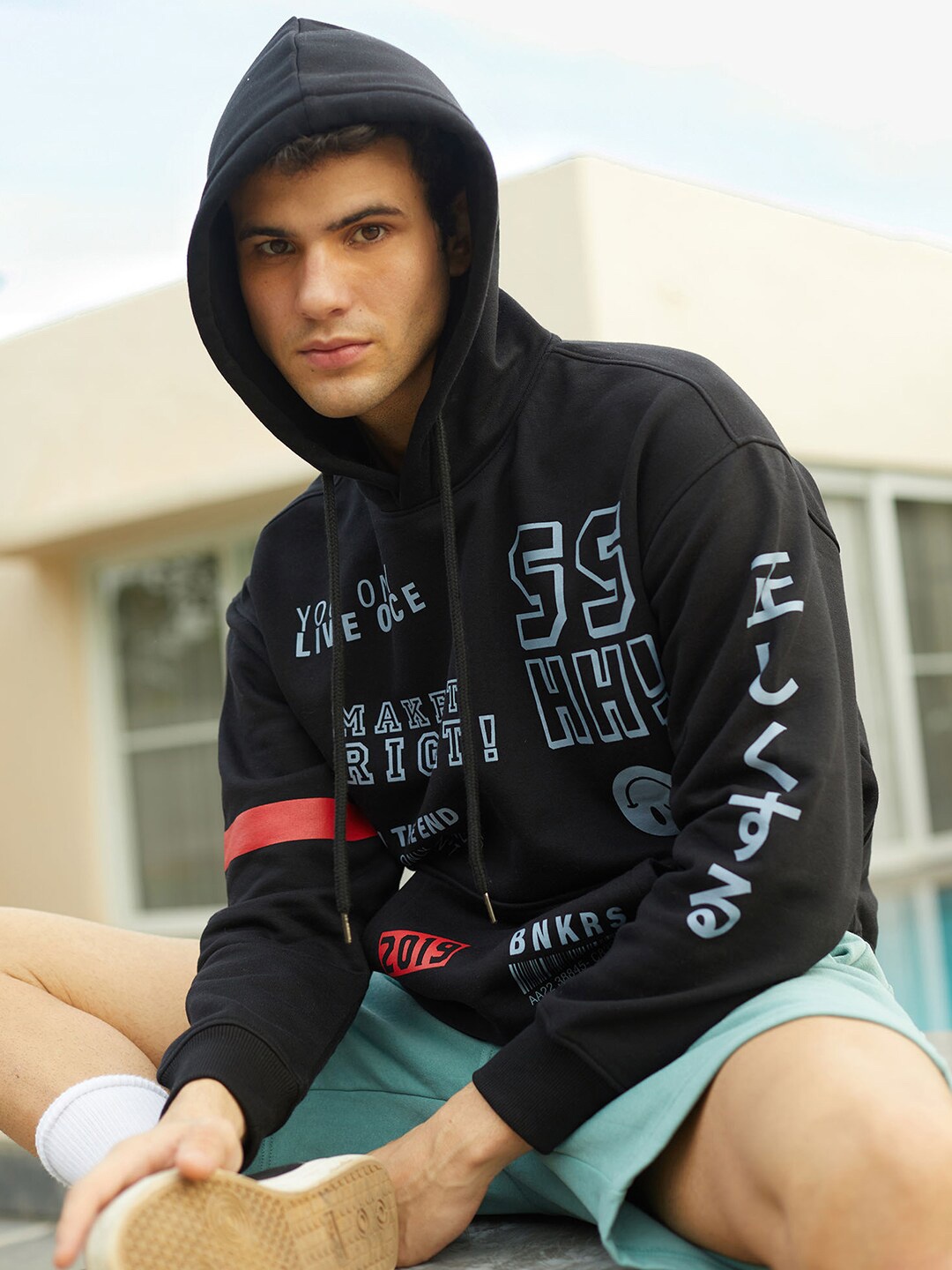 Bonkers Corner Yolo Printed Hooded Cotton Sweatshirt, Black