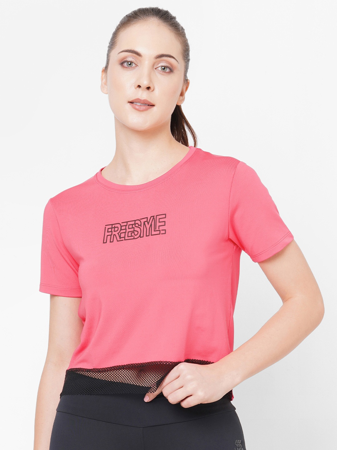 

LAASA SPORTS Typography Printed Crop Mesh Detail Gym Dry Fit Relaxed Fit T-shirt, Peach