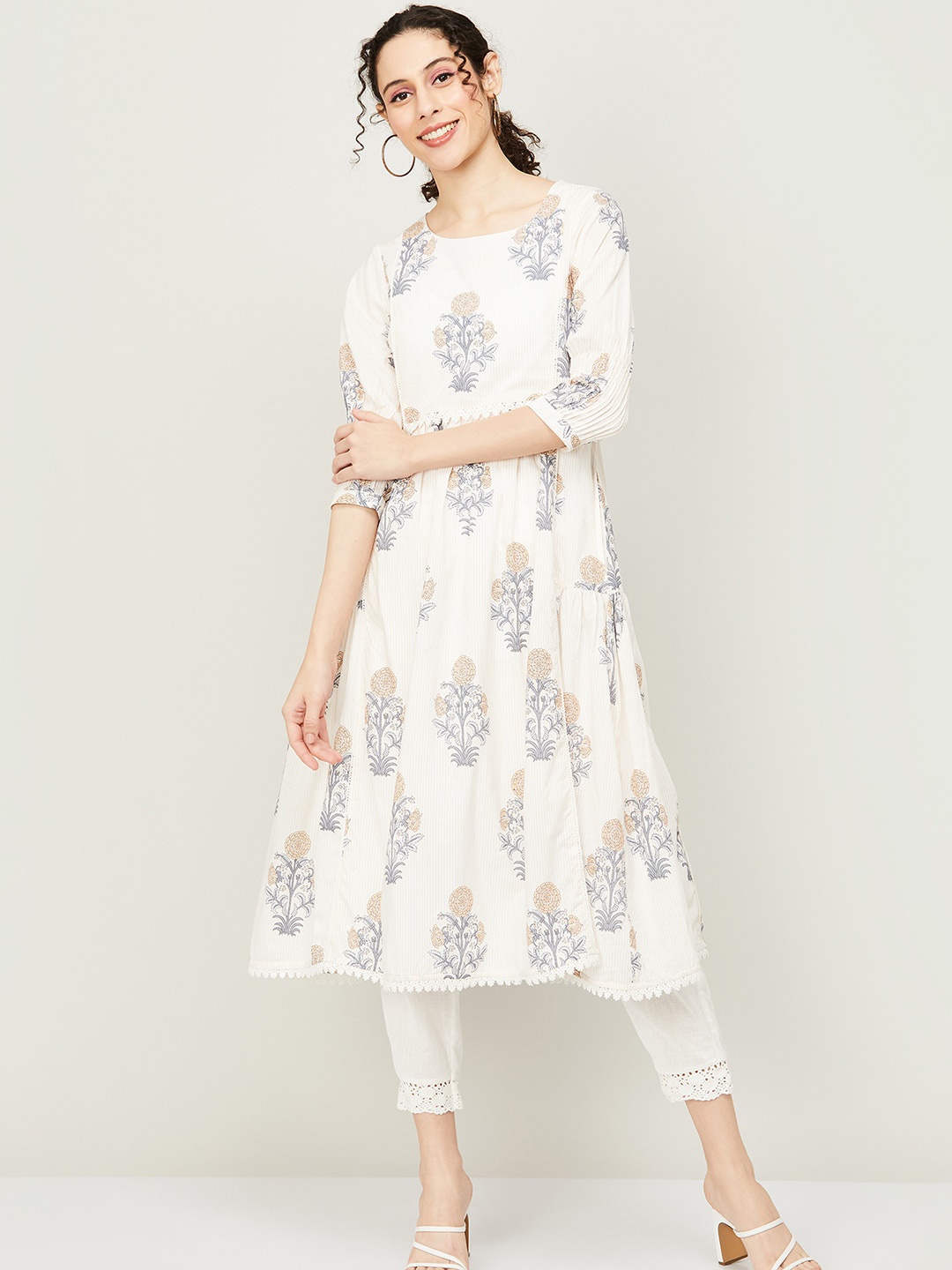 

Melange by Lifestyle Floral Printed Cotton A-Line Kurta, White