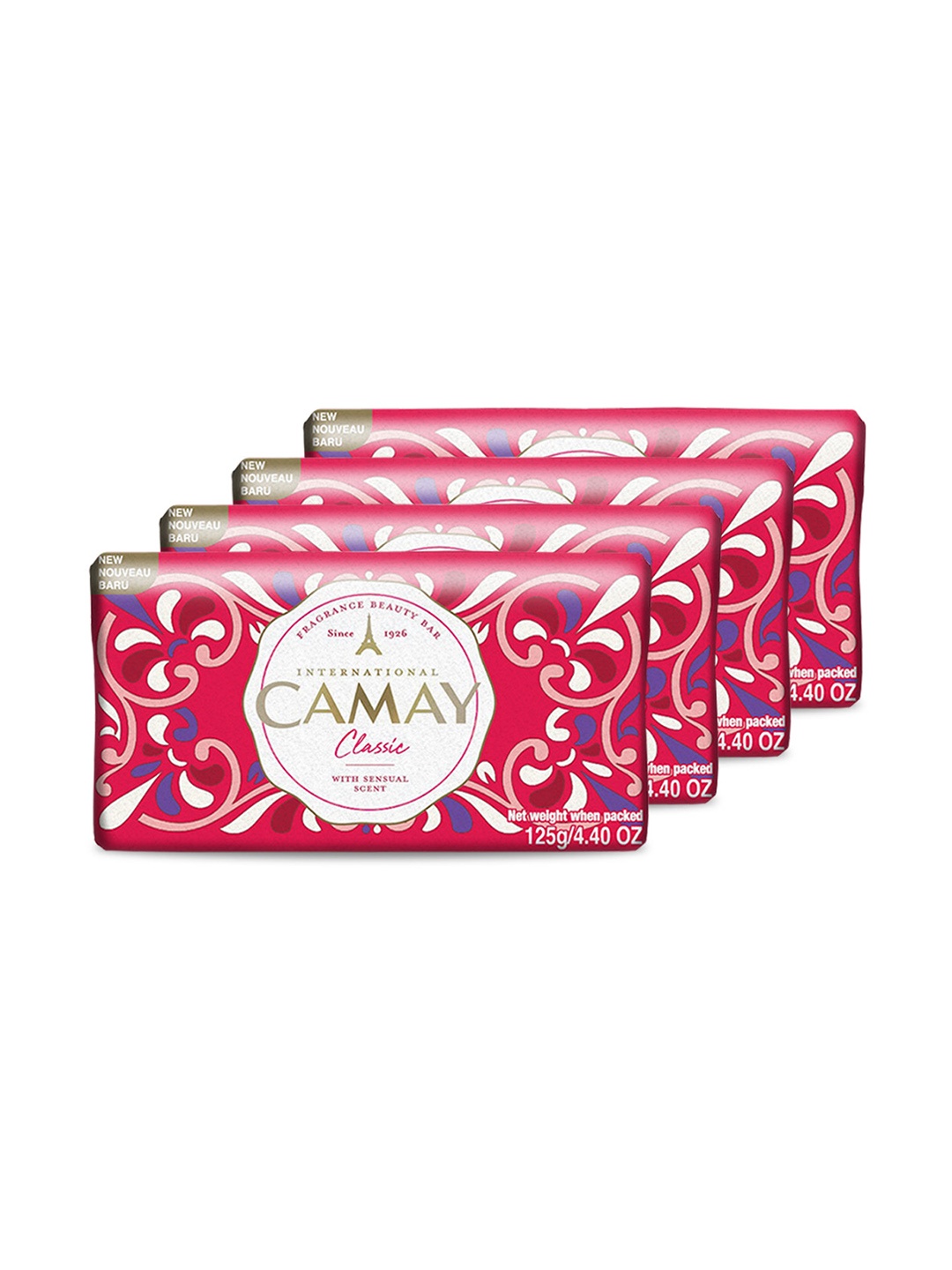 

CAMAY Set of 4 Classic Carnations & Roses Beauty Soap with French Fragrance - 125g each, Pink