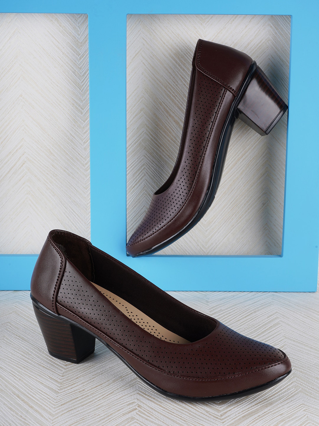 

ELLE Textured Pointed Toe Block Pumps, Brown