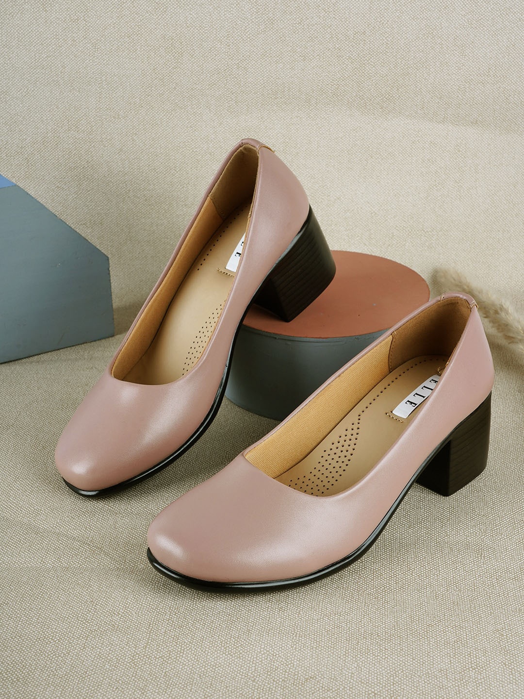 

ELLE Round Toe Closed Back Block Pumps, Peach