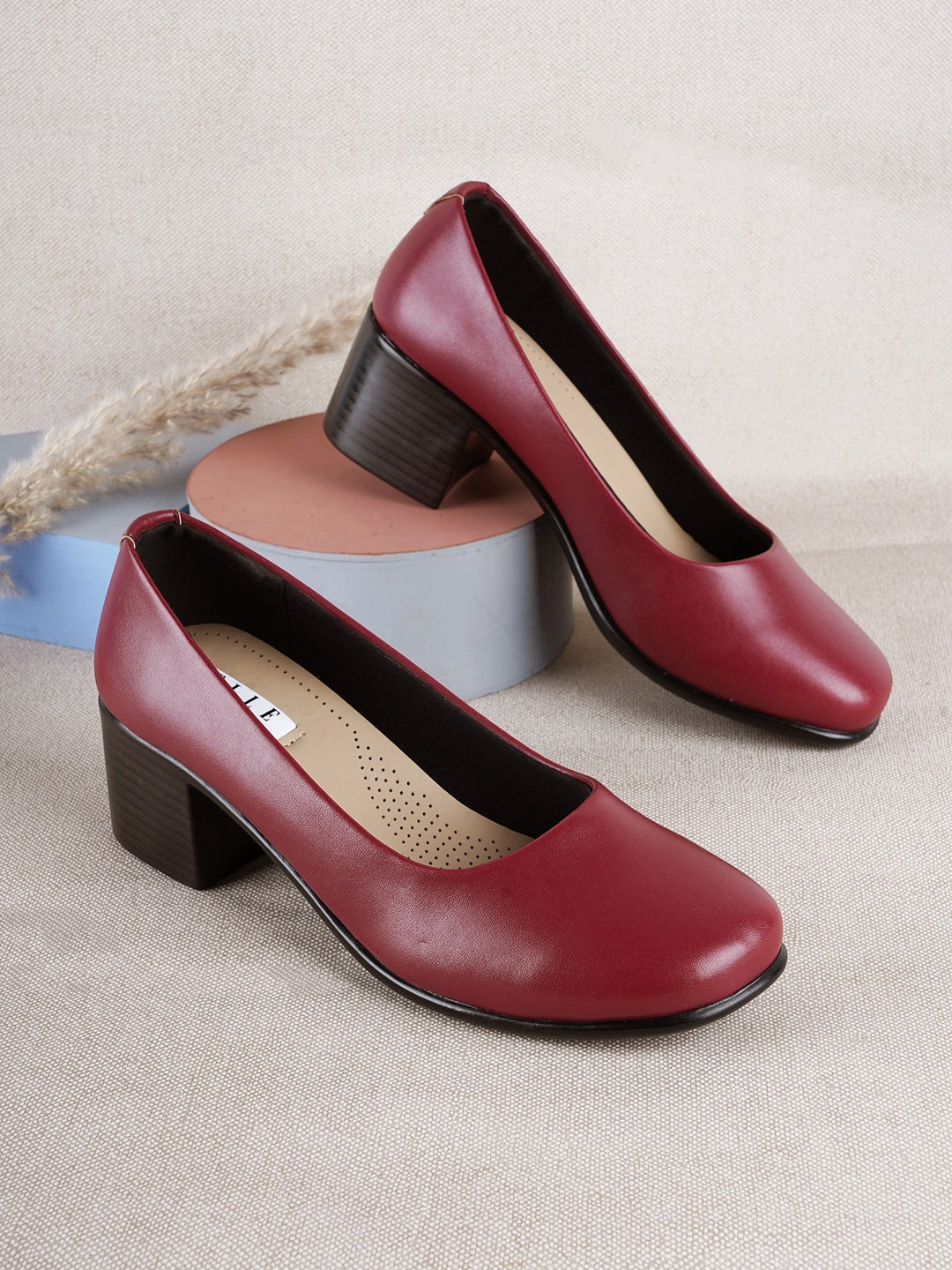 

ELLE Round Toe Block Pumps, Maroon