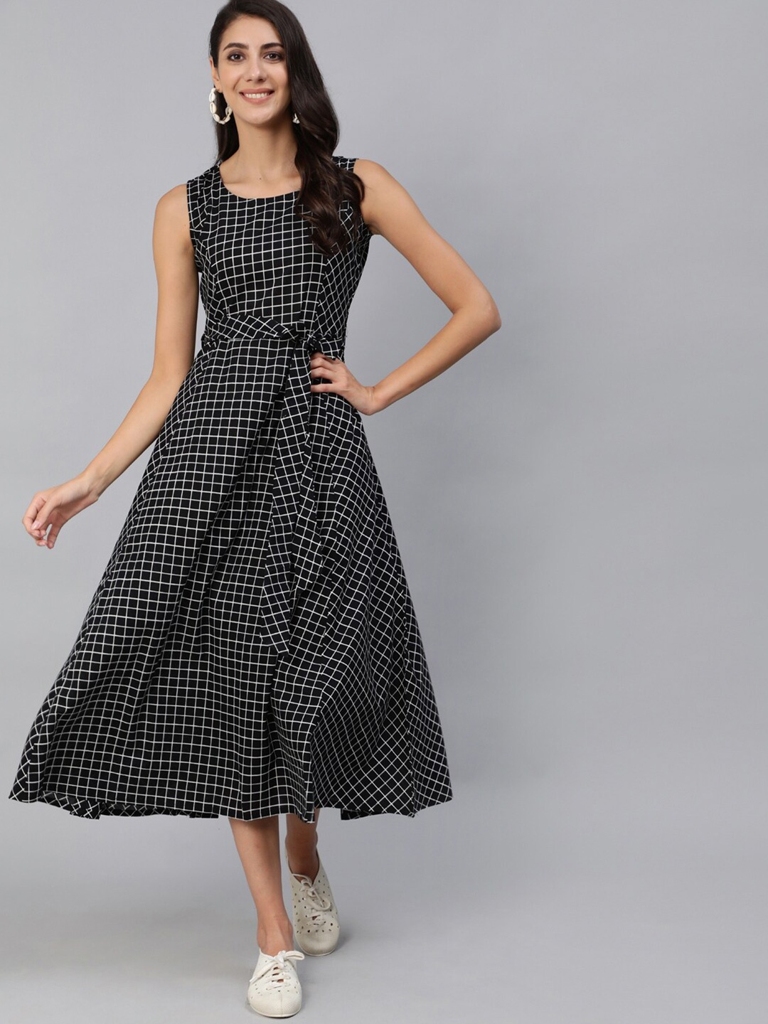

AASI - HOUSE OF NAYO Checked Print Sleeveless Cotton A-Line Midi Dress, Black