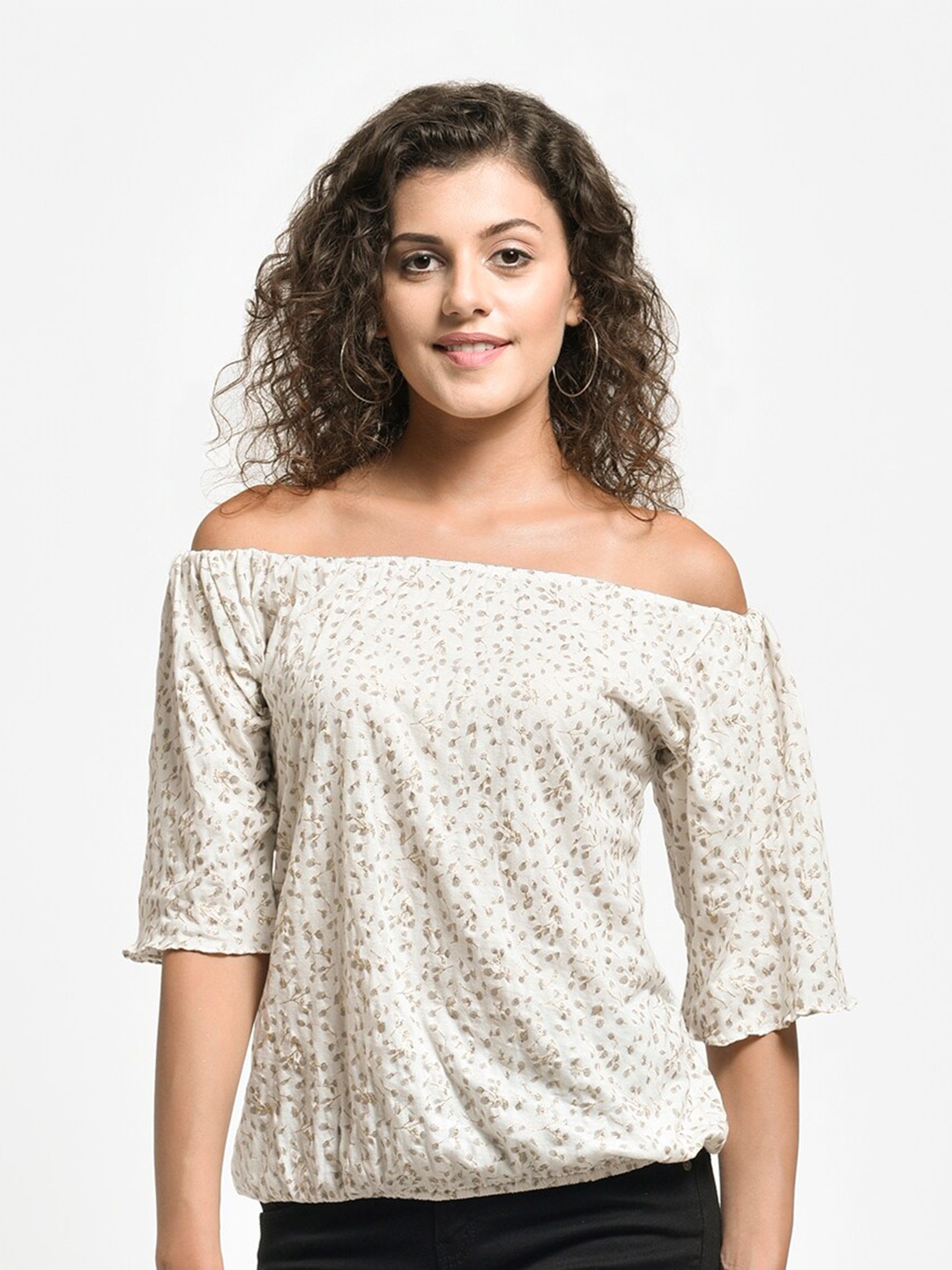 

urSense Floral Printed Off-Shoulder Cotton Bardot Top, White