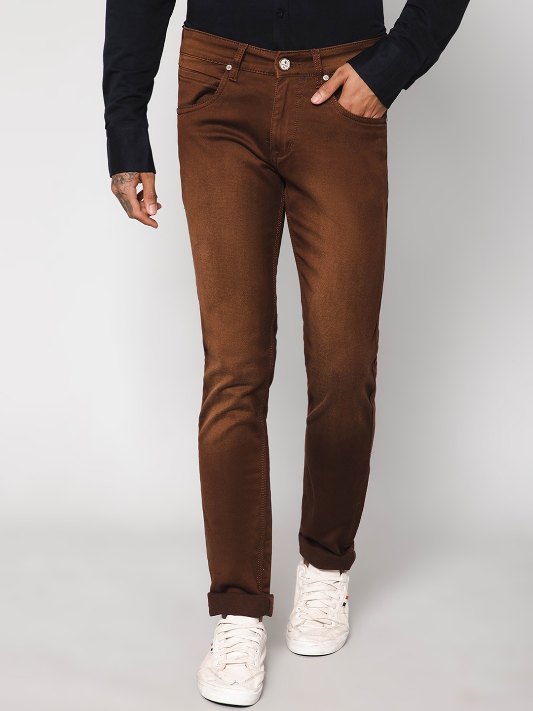 

Cantabil Men Cotton Regular Fit Mid-Rise Stretchable Jeans, Copper