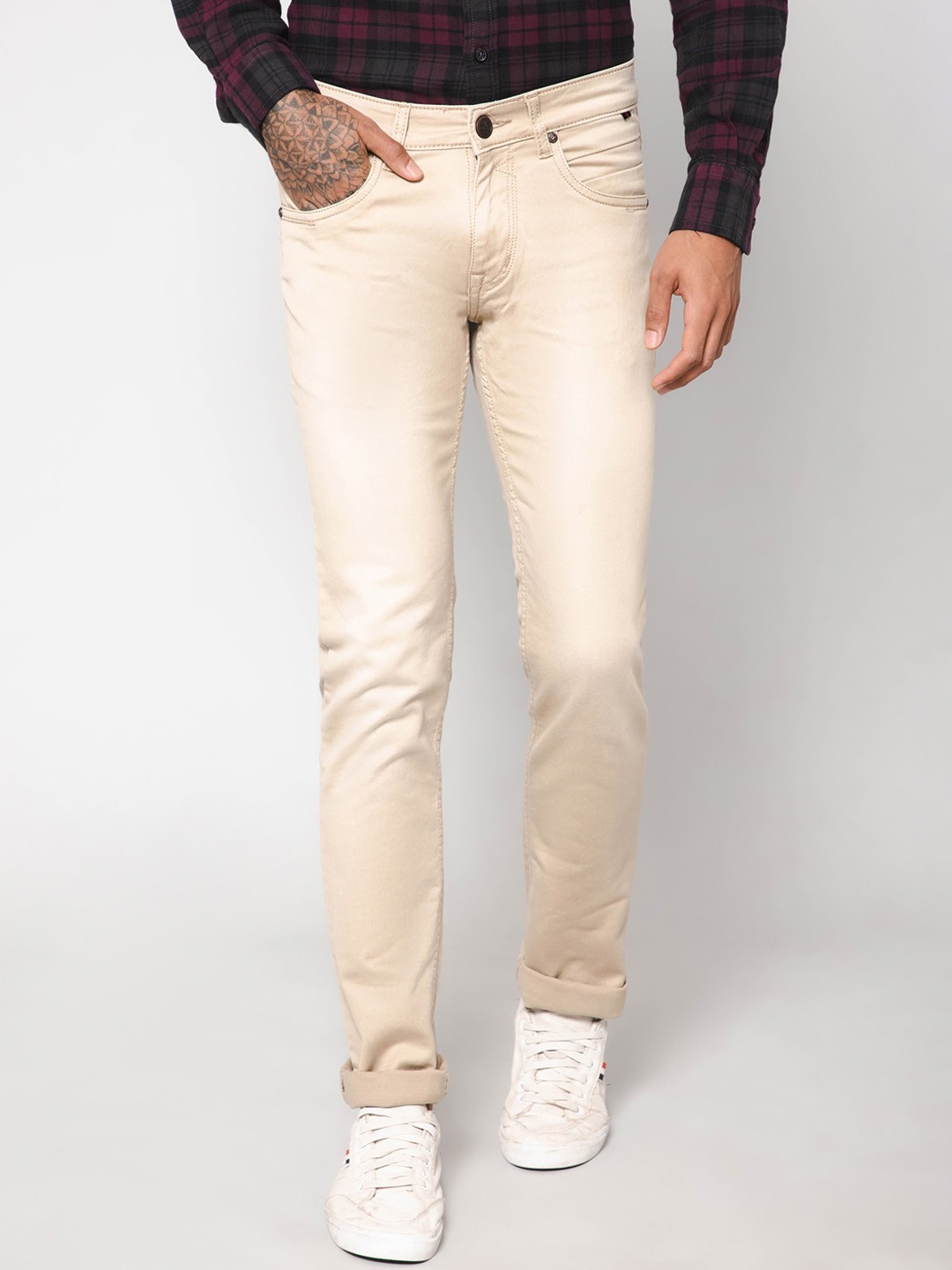 

Cantabil Men Mid-Rise Clean Look Stretchable Cotton Jeans, Beige