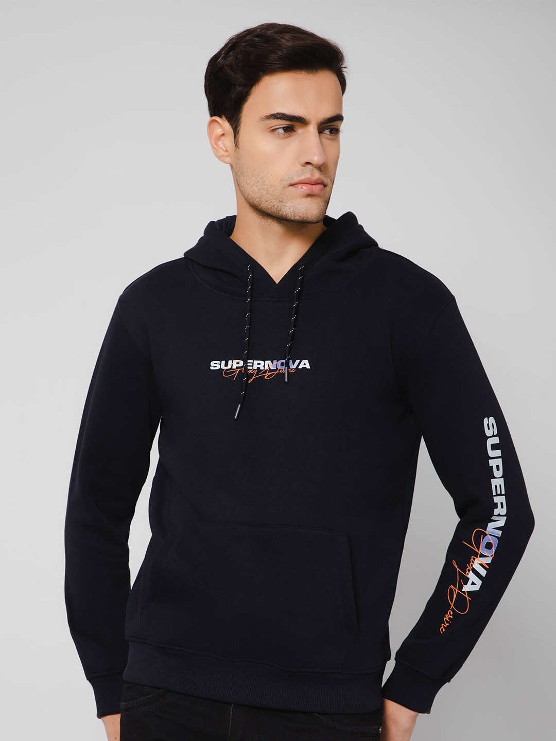 

Cantabil Typography Printed Hooded Fleece Sweatshirt, Navy blue