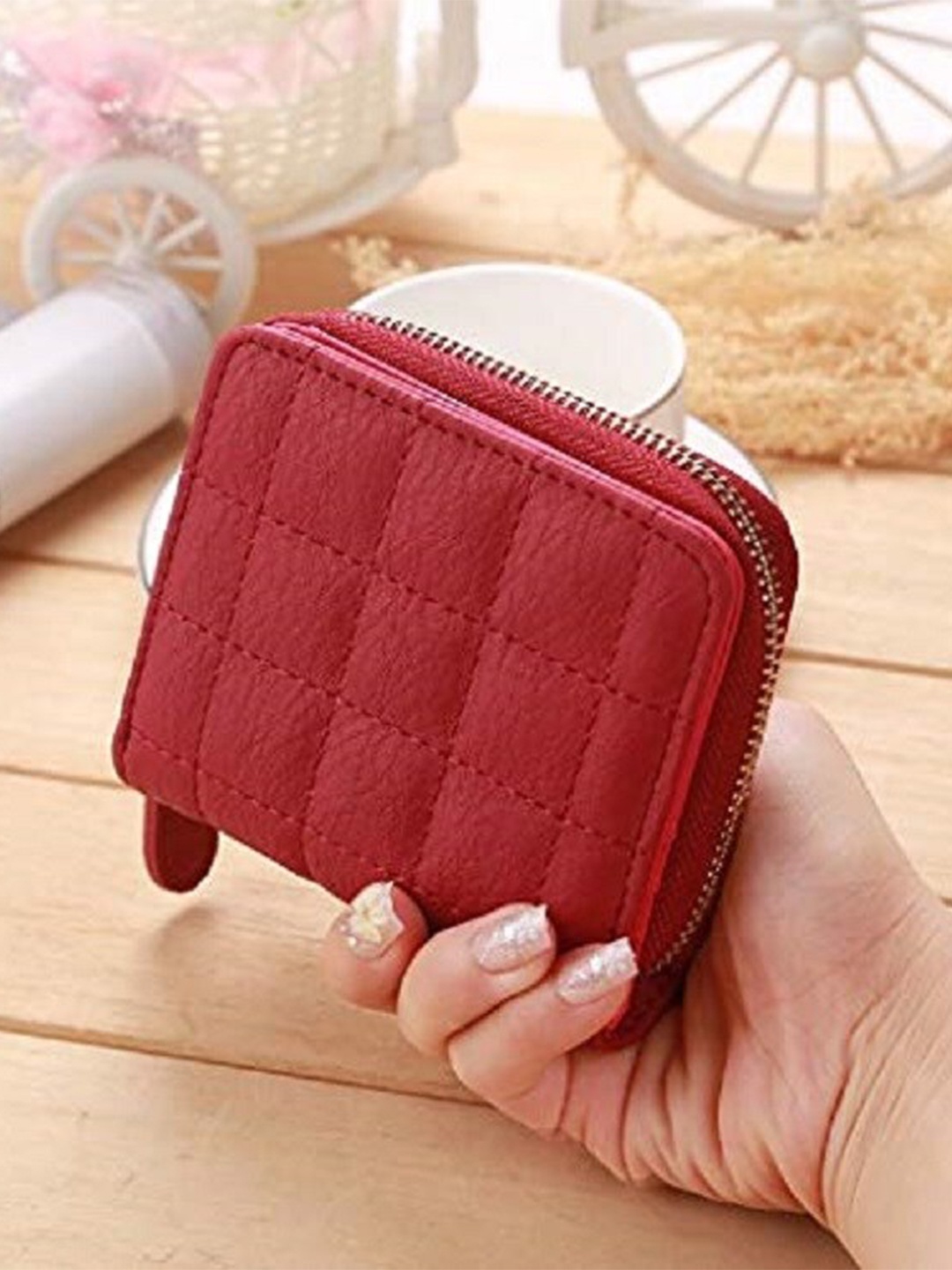 

Alexvyan Women Quilted RFID Bi-Fold Checked Zip Around Wallet, Red