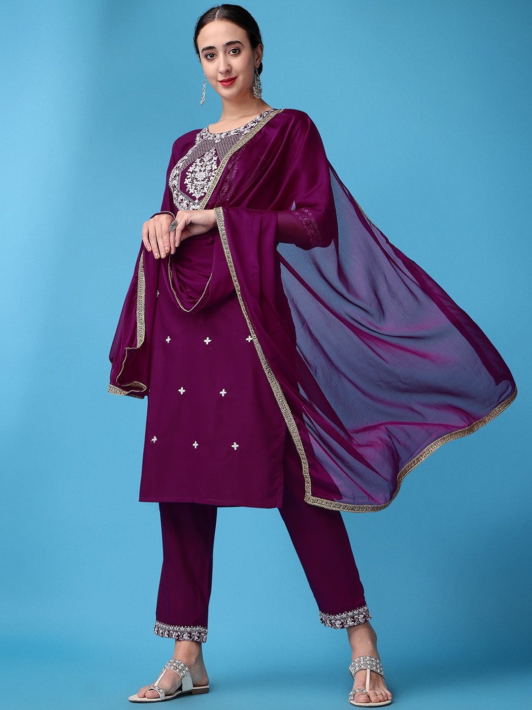 

ASPORA Floral Yoke Design Kurta with Trousers & Dupatta, Purple