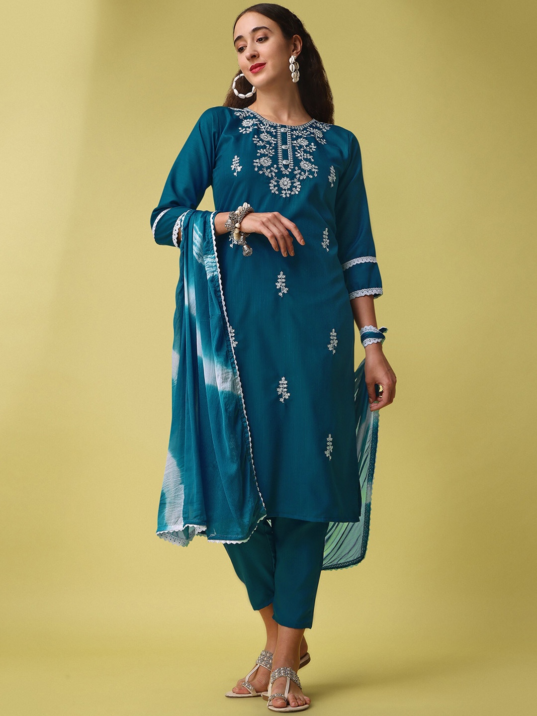 

ASPORA Floral Embroidered Kurta with Trousers & Dupatta, Blue