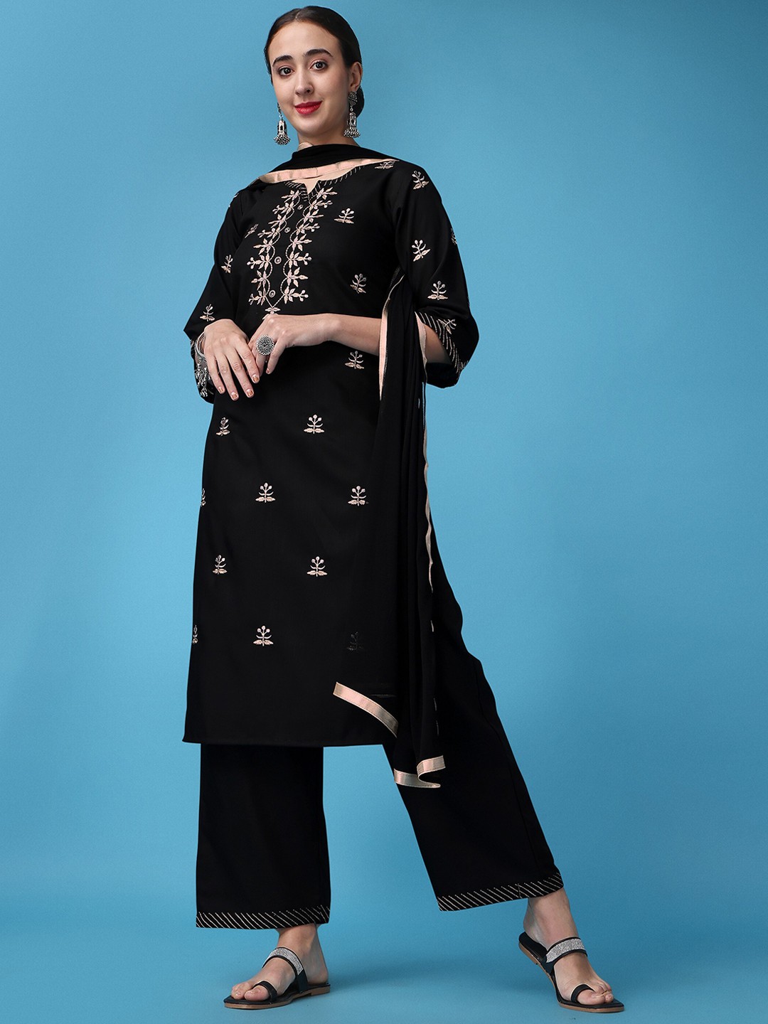 

ASPORA Floral Embroidered Kurta with Palazzos & Dupatta, Black