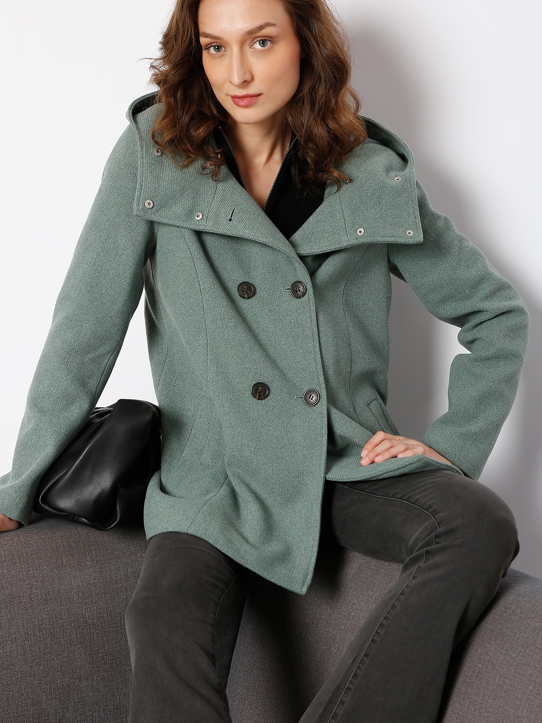 

Vero Moda Double-Breasted Hooded Winter Overcoat, Sea green