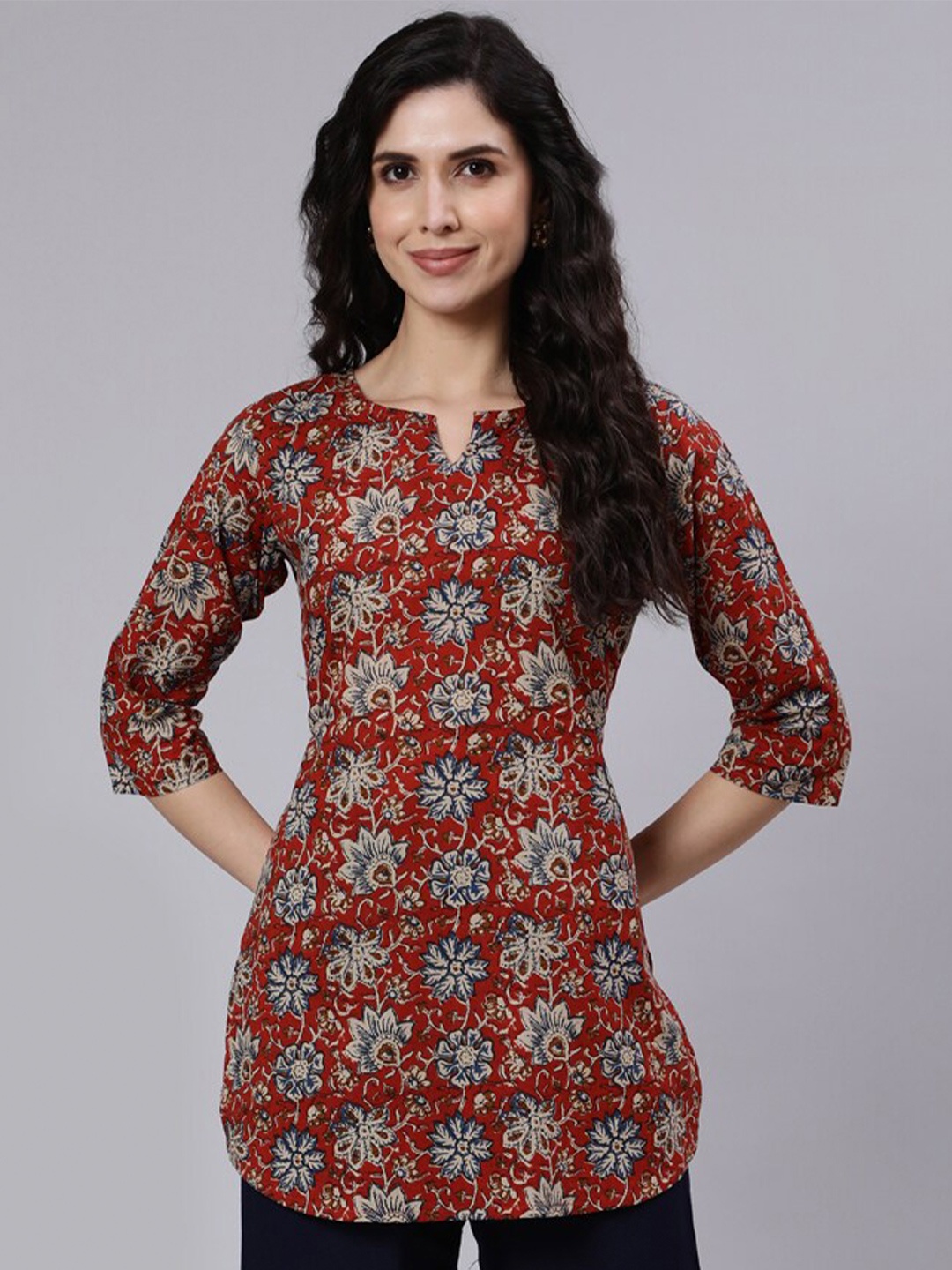 

AASI - HOUSE OF NAYO Floral Printed Pure Cotton Notched Neck Straight Kurti, Rust