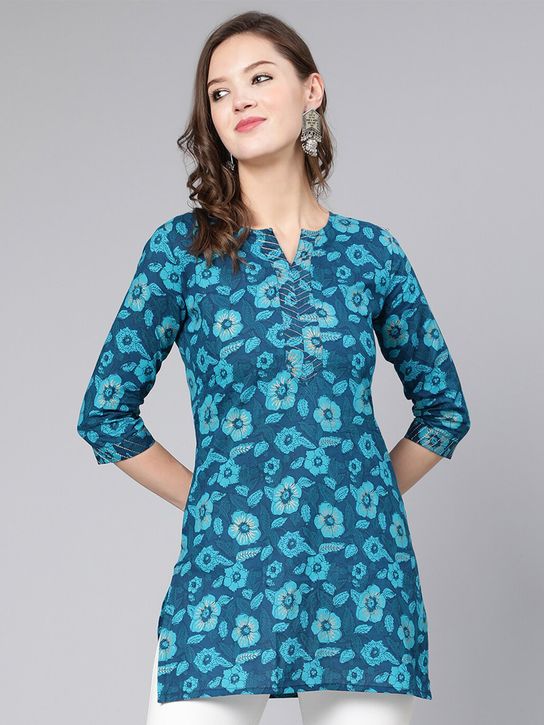 

AASI - HOUSE OF NAYO Floral Printed Pure Cotton Notched Neck Straight Kurti, Blue
