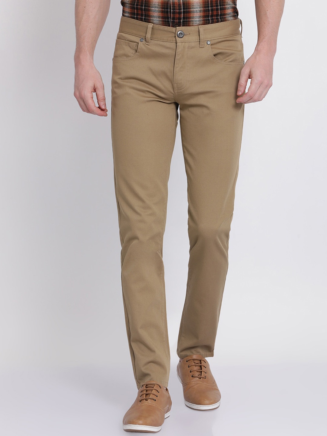 

t-base Men Plain Front Cotton Dobby Chinos Trousers, Beige