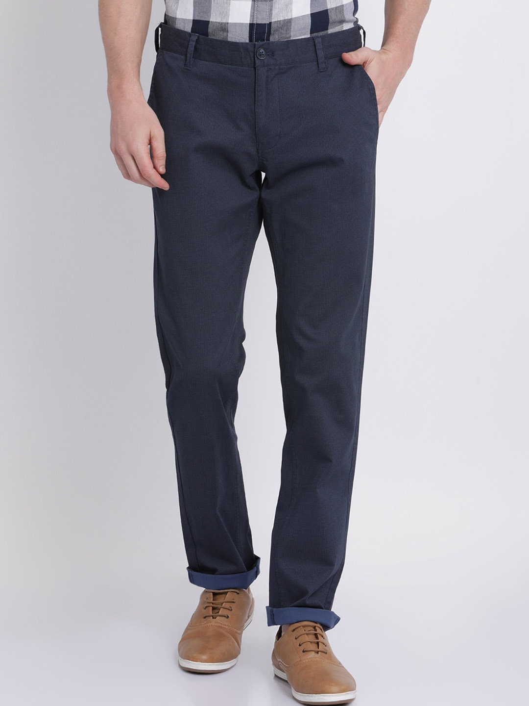 

t-base Men Self Design Cotton Lycra Mid-Rise Chinos Trousers, Navy blue