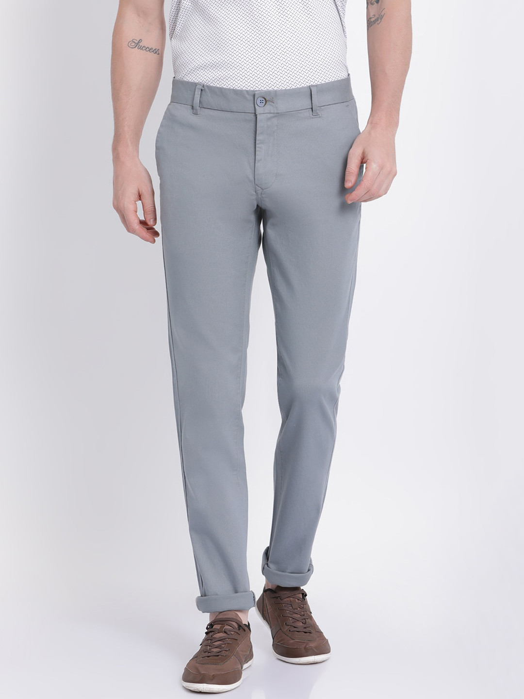 

t-base Men Flat-Front Mid-Rise Cotton Chinos Trousers, Blue