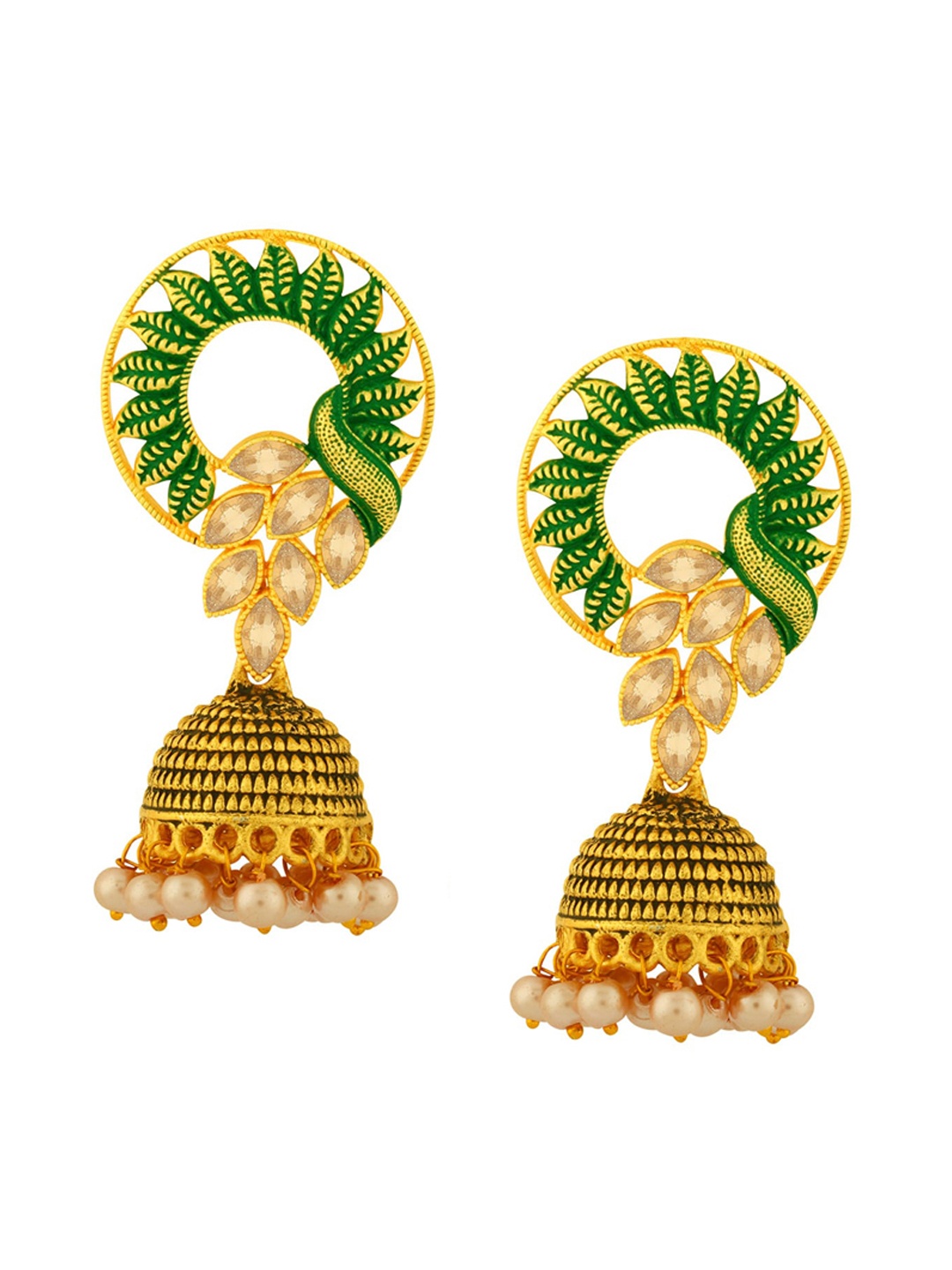 

Alamod Gold-Plated Stone Studded & Beaded Dome Shaped Jhumkas, Green