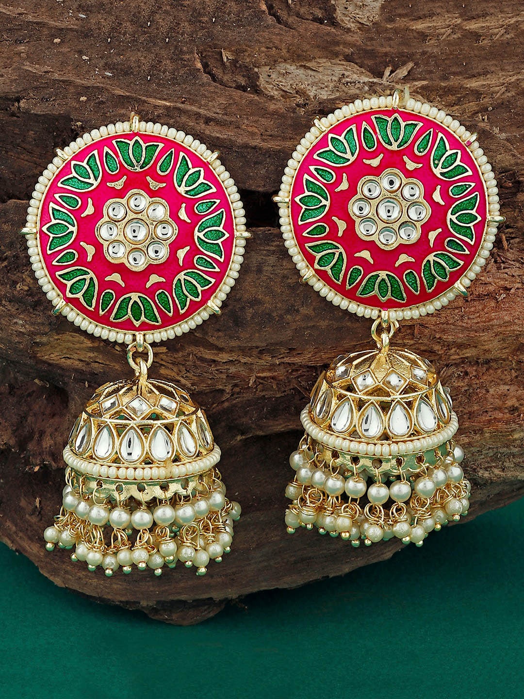 

Alamod Gold Plated Kundan & Pearl Classic Jhumkas Earrings, Pink