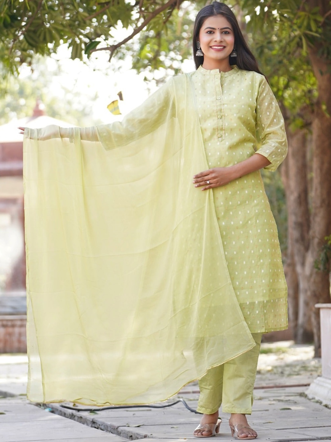 

Kesarya Ethnic Motifs Woven Design Zari Chanderi Silk Kurta with Trousers & Dupatta, Green