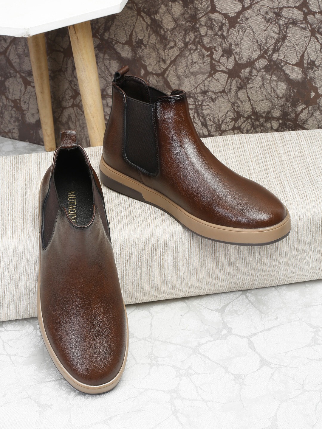 

MUTAQINOTI Men Textured Mid-Top Chelsea Boots, Brown