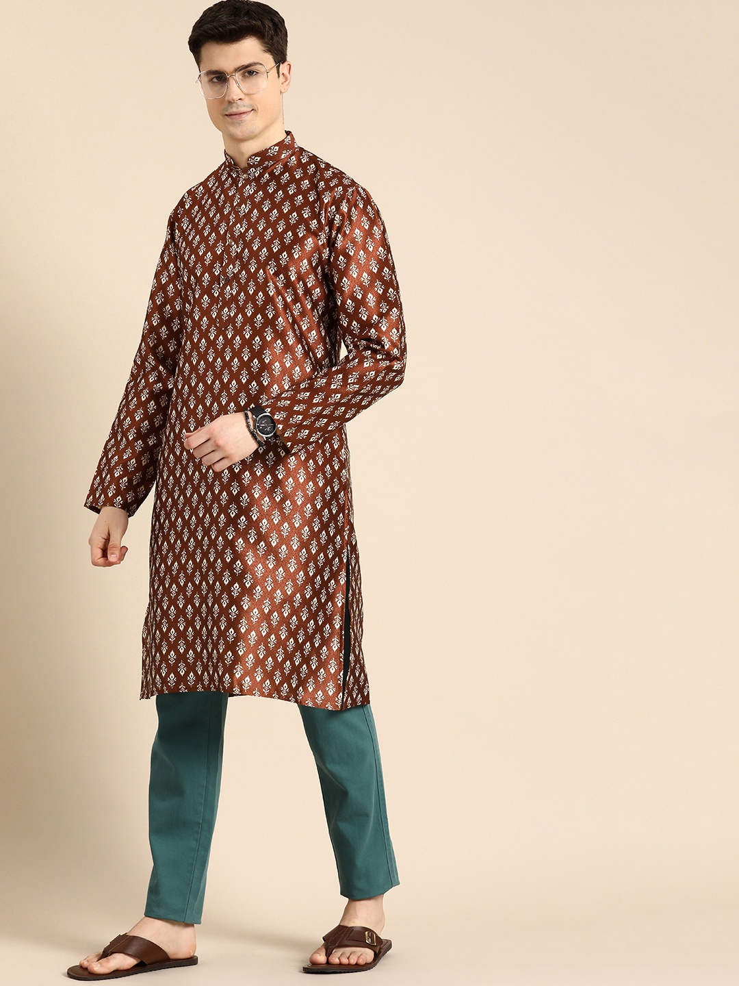 

Anouk Men Floral Printed Jacquard Kurta, Brown