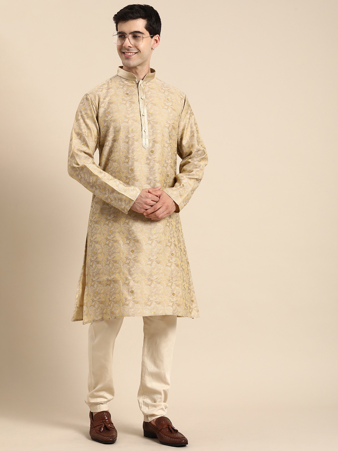 

Anouk Men Floral Jacquard Kurta, Beige