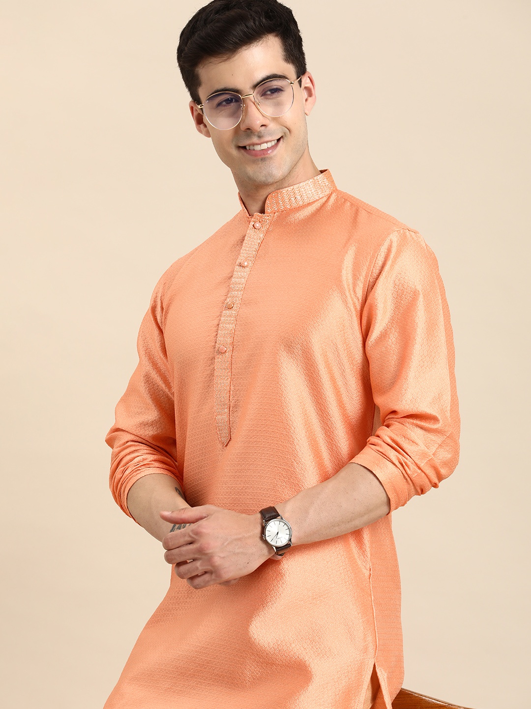 

Anouk Men Self Design with Embroidered Collar Kurta, Orange