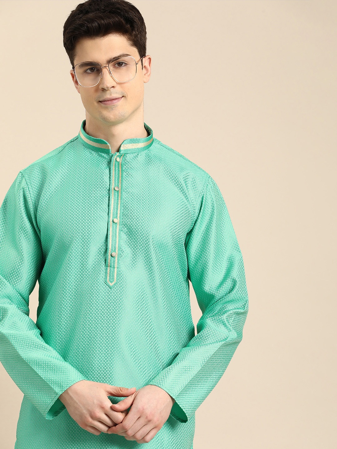 

Anouk Men Self Design Silk Kurta, Sea green