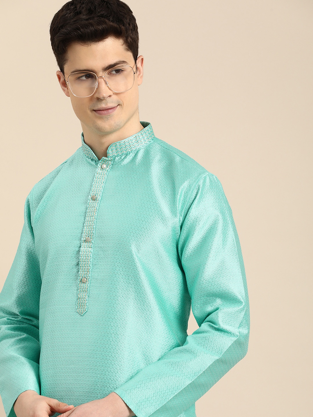 

Anouk Men Self Design with Embroidered Collar Kurta, Turquoise blue