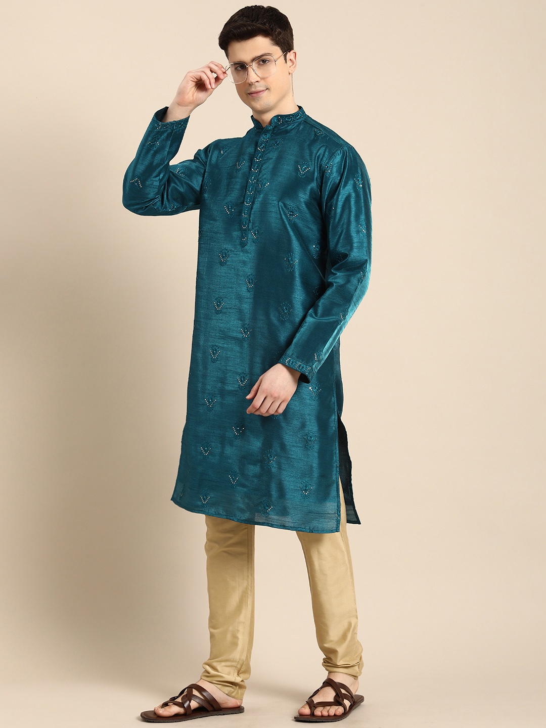 Anouk Men Ethnic Motifs Embroidered Sequinned Jacquard Kurta, Blue
