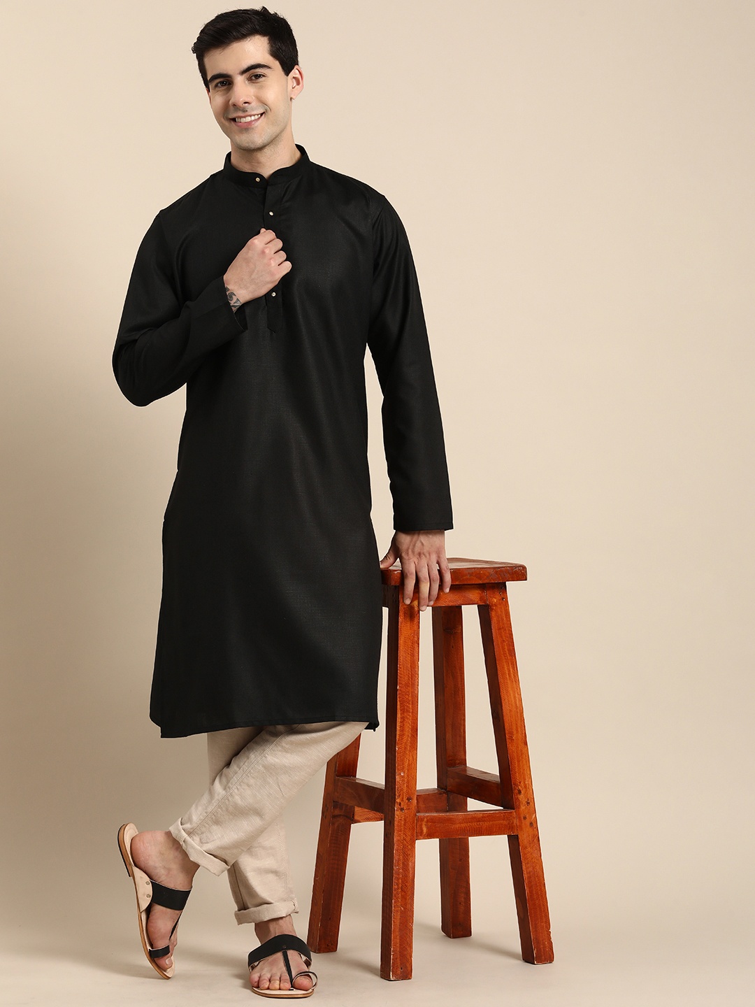 

Anouk Men Cotton Solid Kurta, Black