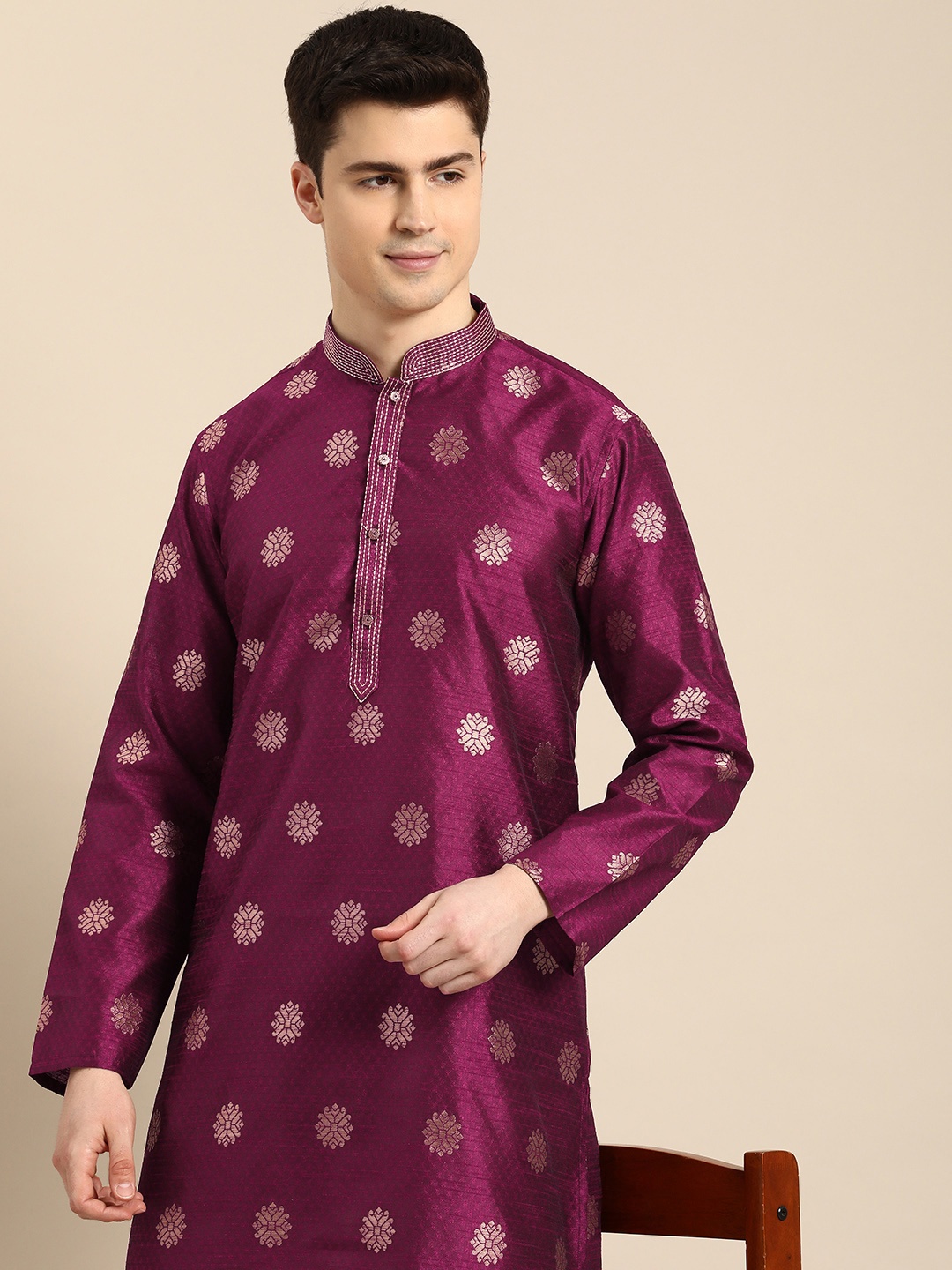 Anouk Men Geometric Woven Design Kurta, Maroon