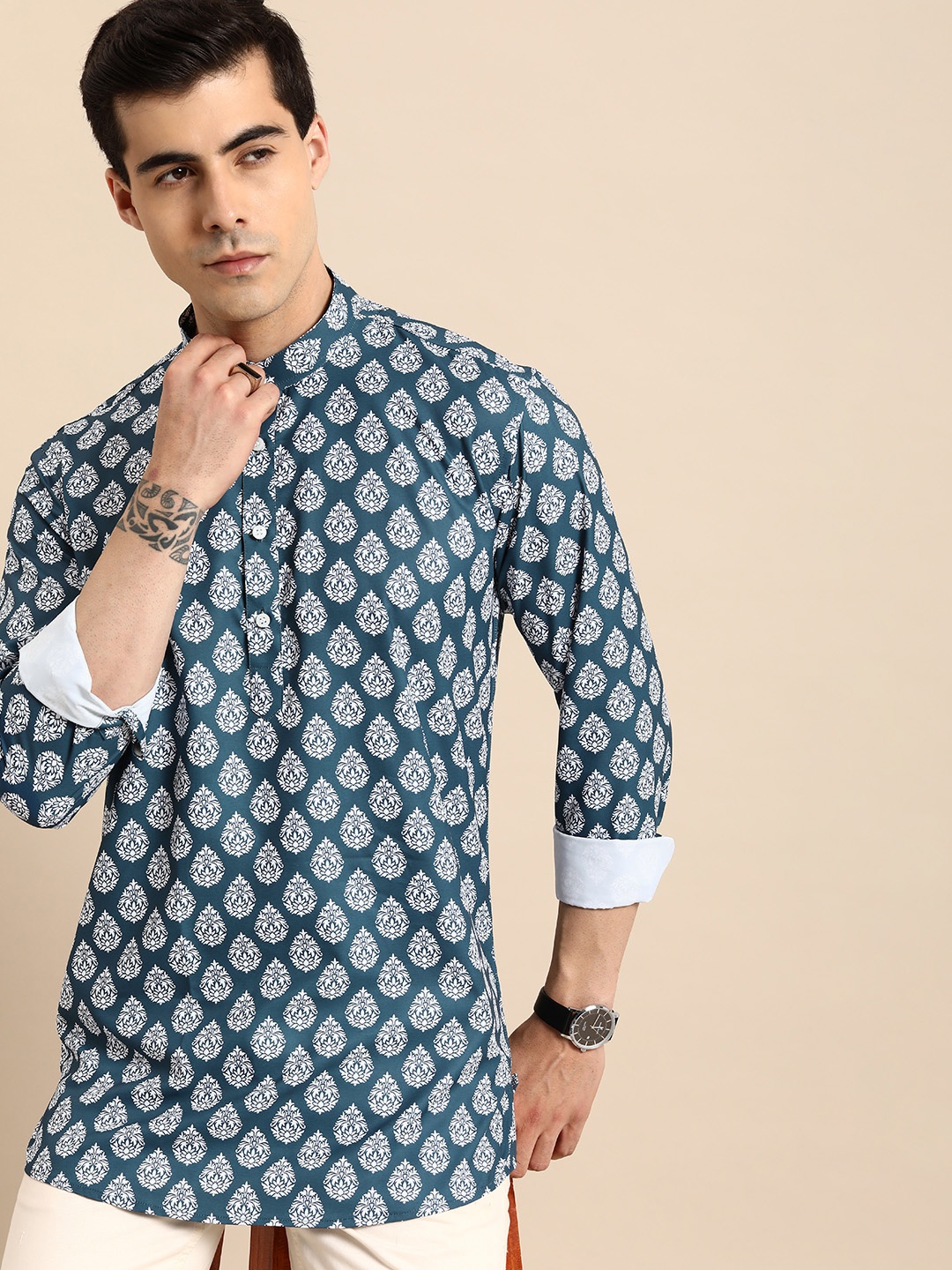 

Anouk Men Ethnic Motifs Printed Indie Prints Kurta, Navy blue
