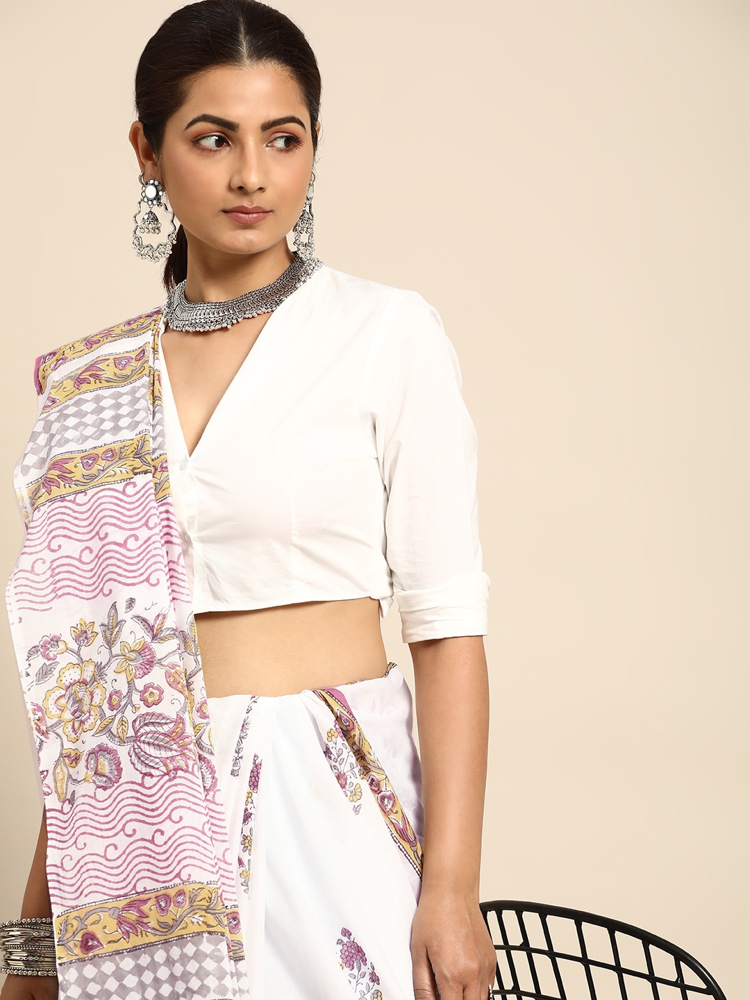 

Taavi Sanganeri Printed Pure Cotton Saree, White