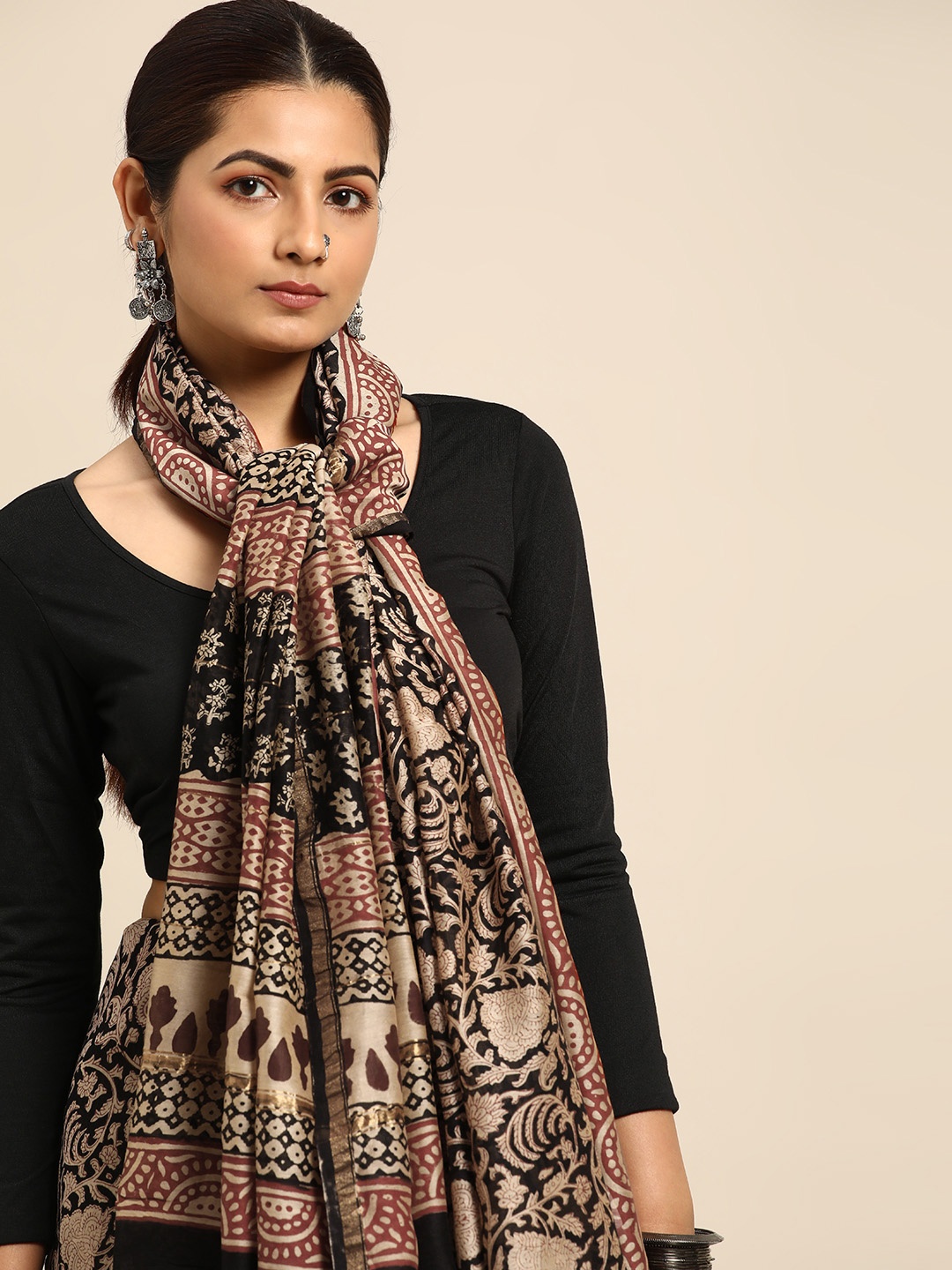 

Taavi Ethnic Motifs Pure Cotton Ready To Wear Bagru Saree, Brown