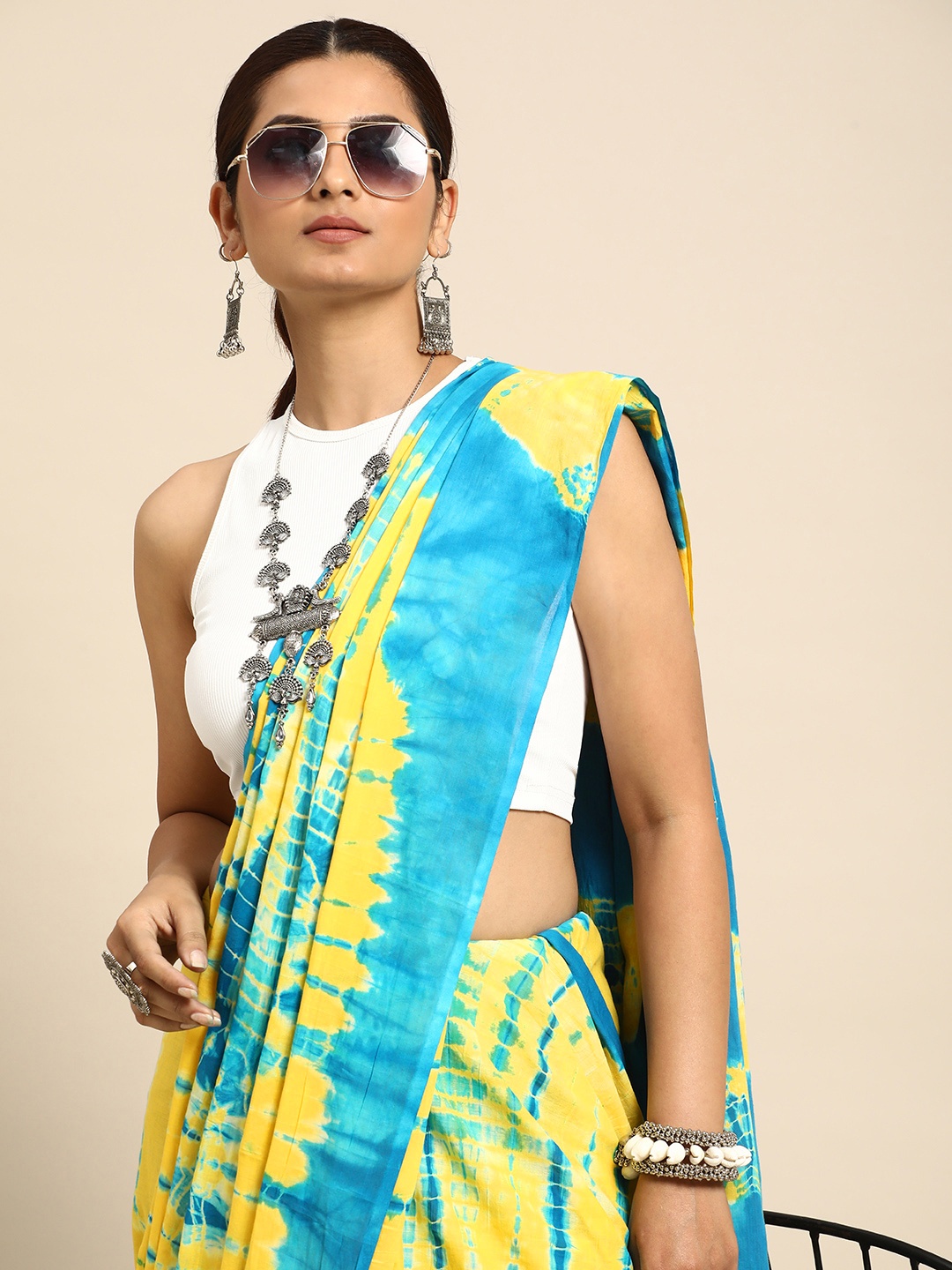 

Taavi Tie & Dye Printed Pure Cotton Saree, Yellow
