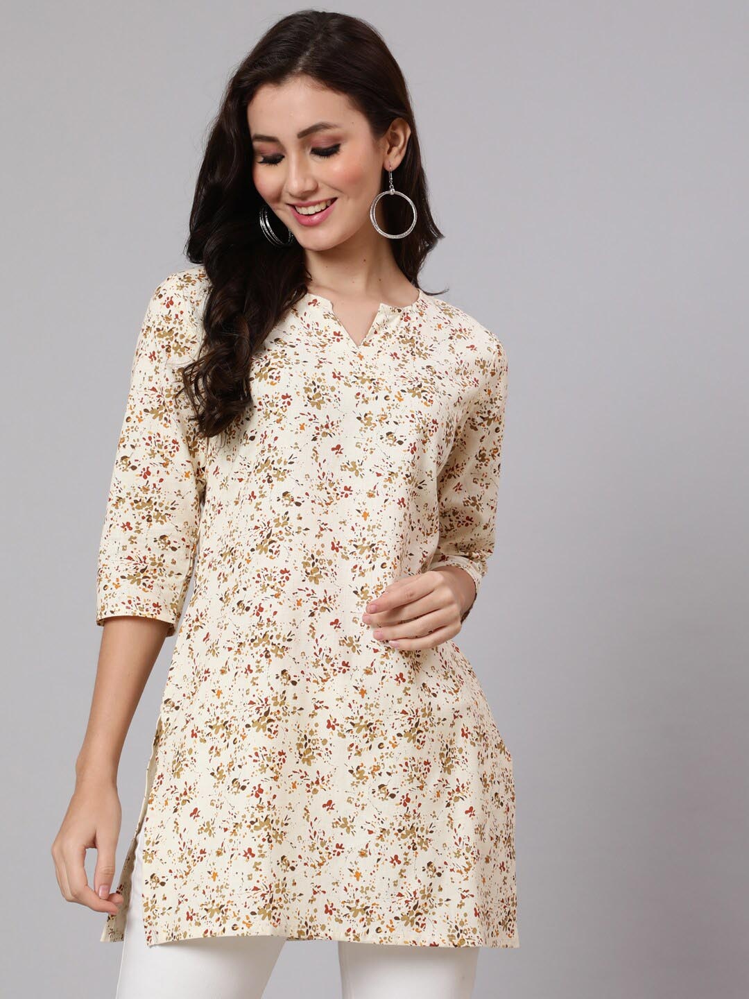 

Nayo Printed Cotton Notched Neck Straight Tunic, Cream