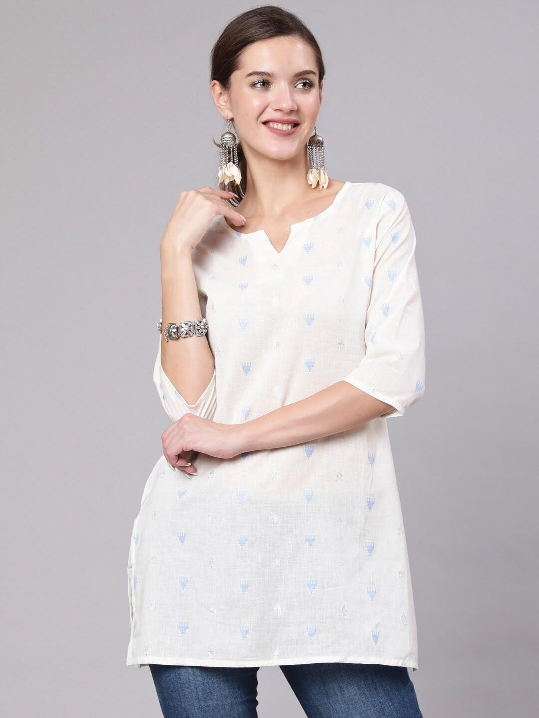 

Nayo Ethnic Printed Notched Neck Three-Quarter Sleeves Cotton Tunic, White
