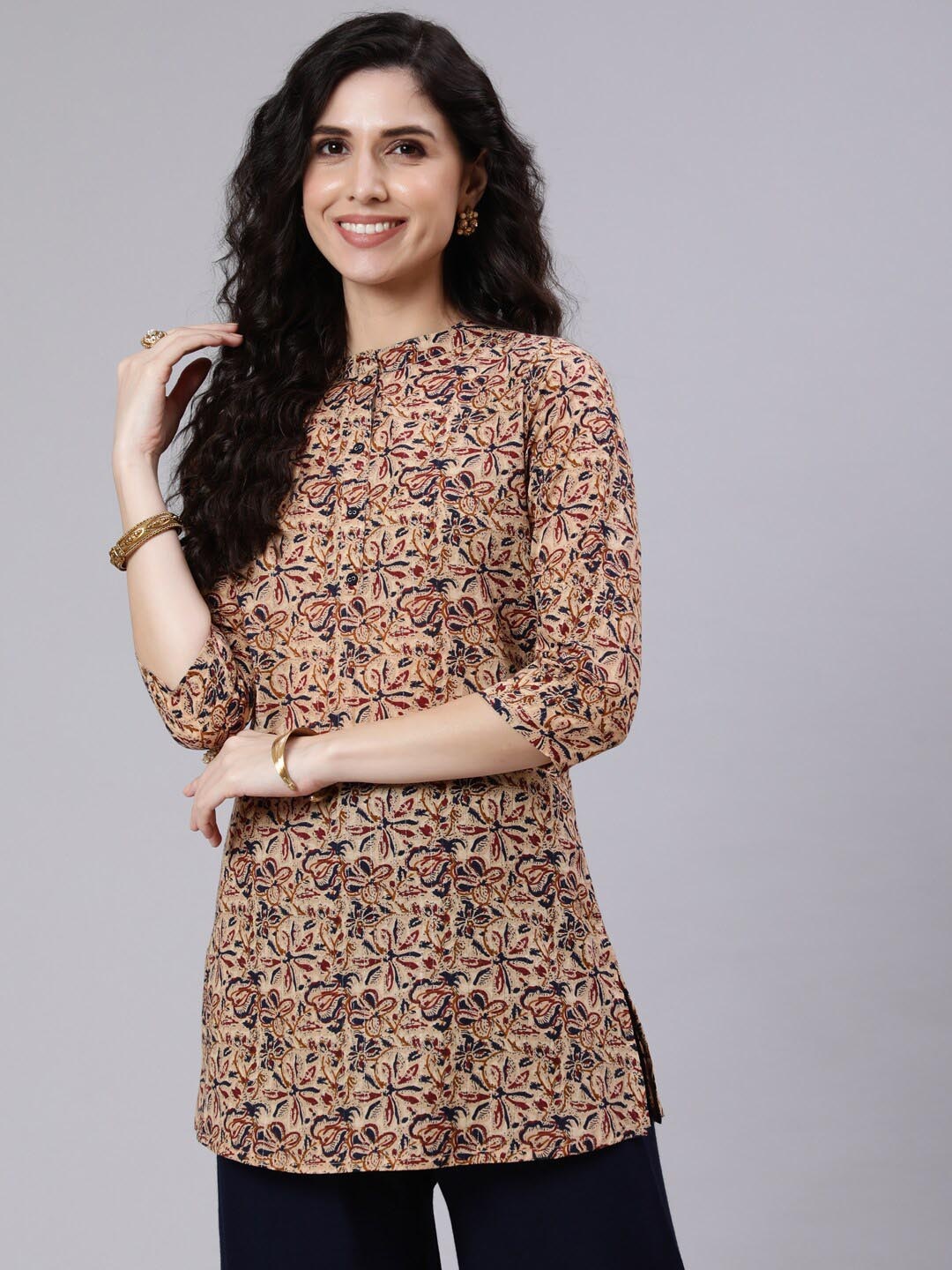 

Nayo Floral Printed Cotton Mandarin Collar Tunic, Brown
