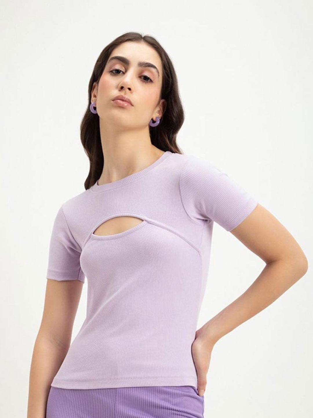 

Bewakoof Women Keyhole Neck Slim Fit Ribbed Top, Purple