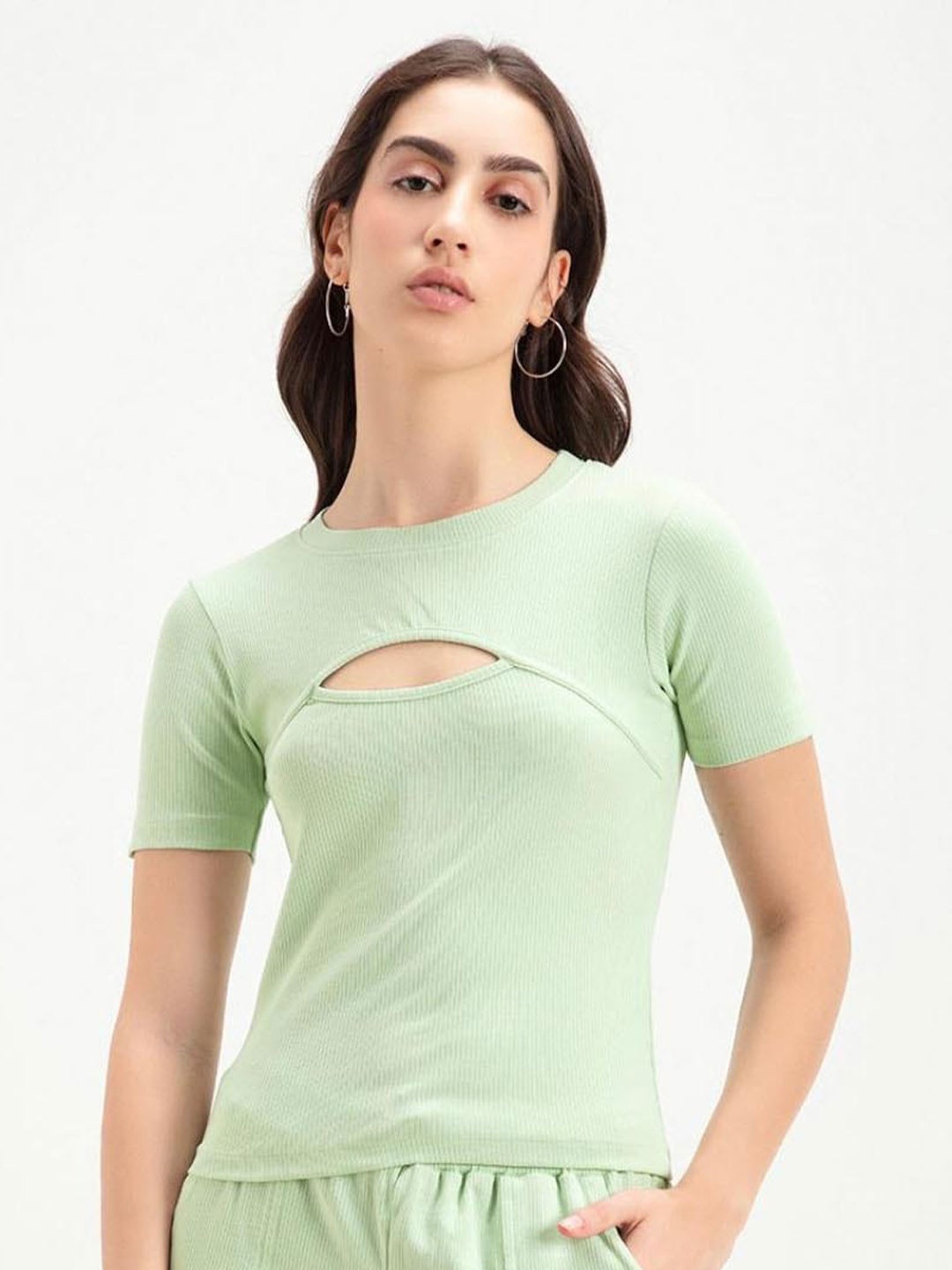 

Bewakoof Women Green Keyhole Neck Slim Fit Ribbed Top