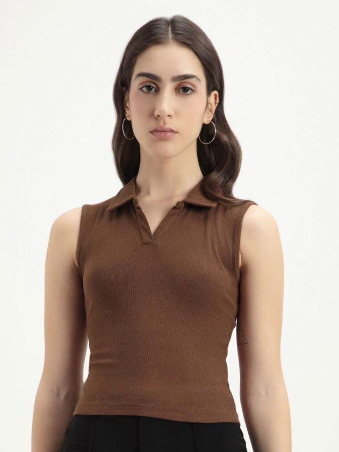 

Bewakoof Knitted Sleeveless Shirt Collar Top, Brown