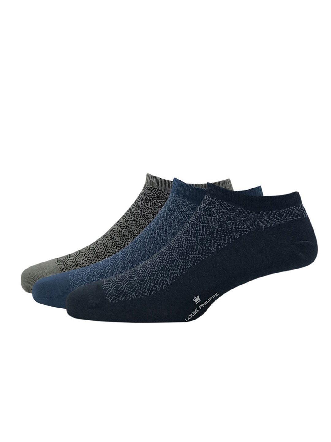 

Louis Philippe Men Pack Of 3 Patterned Ankle Length Socks, Grey