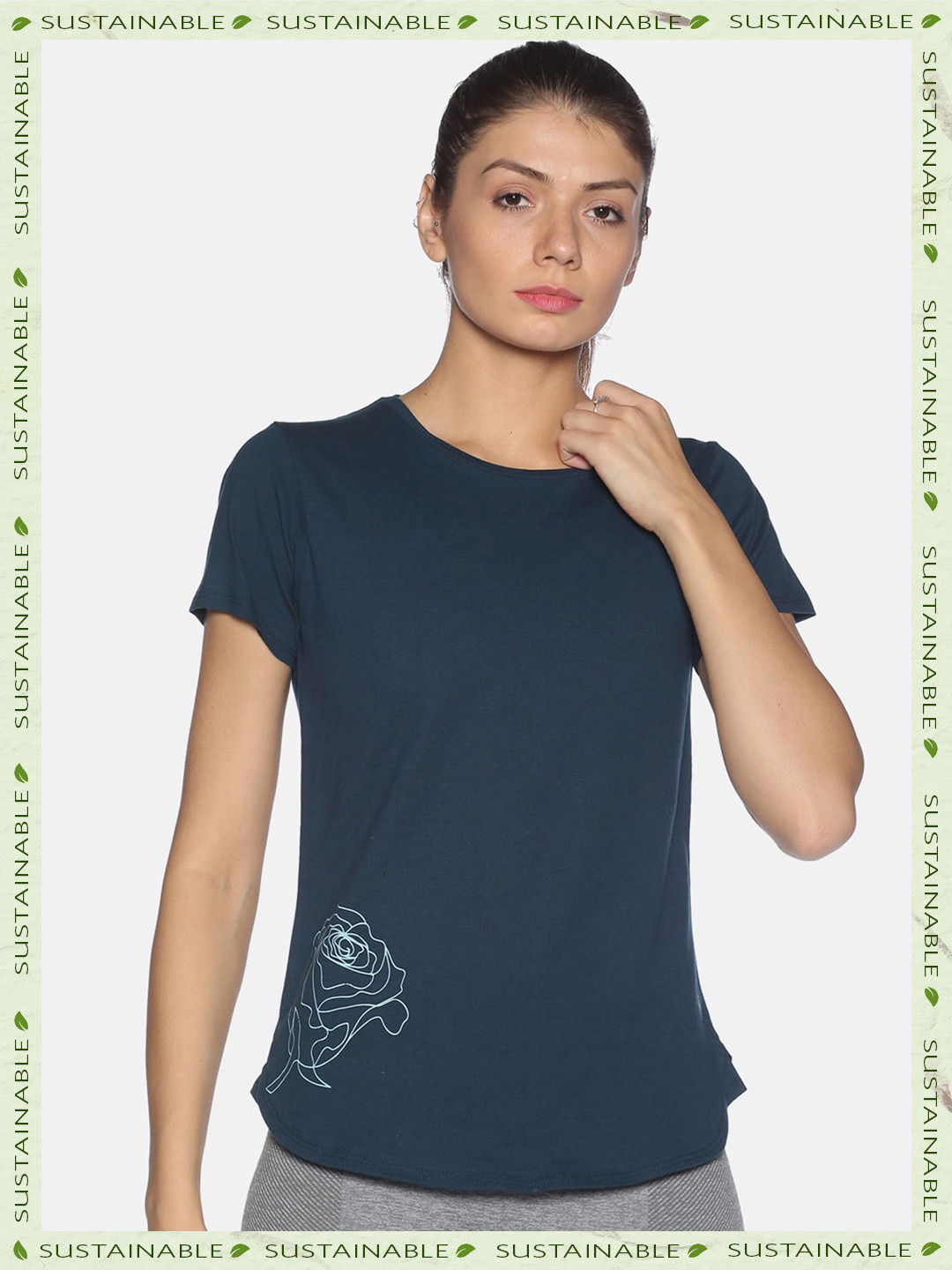 

HERE&NOW Floral Printed Pure Cotton T-shirt, Navy blue