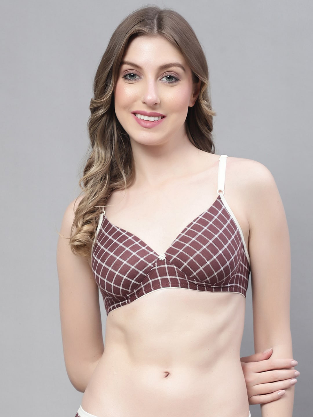 

PrettyCat Checked Cotton Lightly Padded Medium Coverage All Day Comfort Seamless Bra, Brown